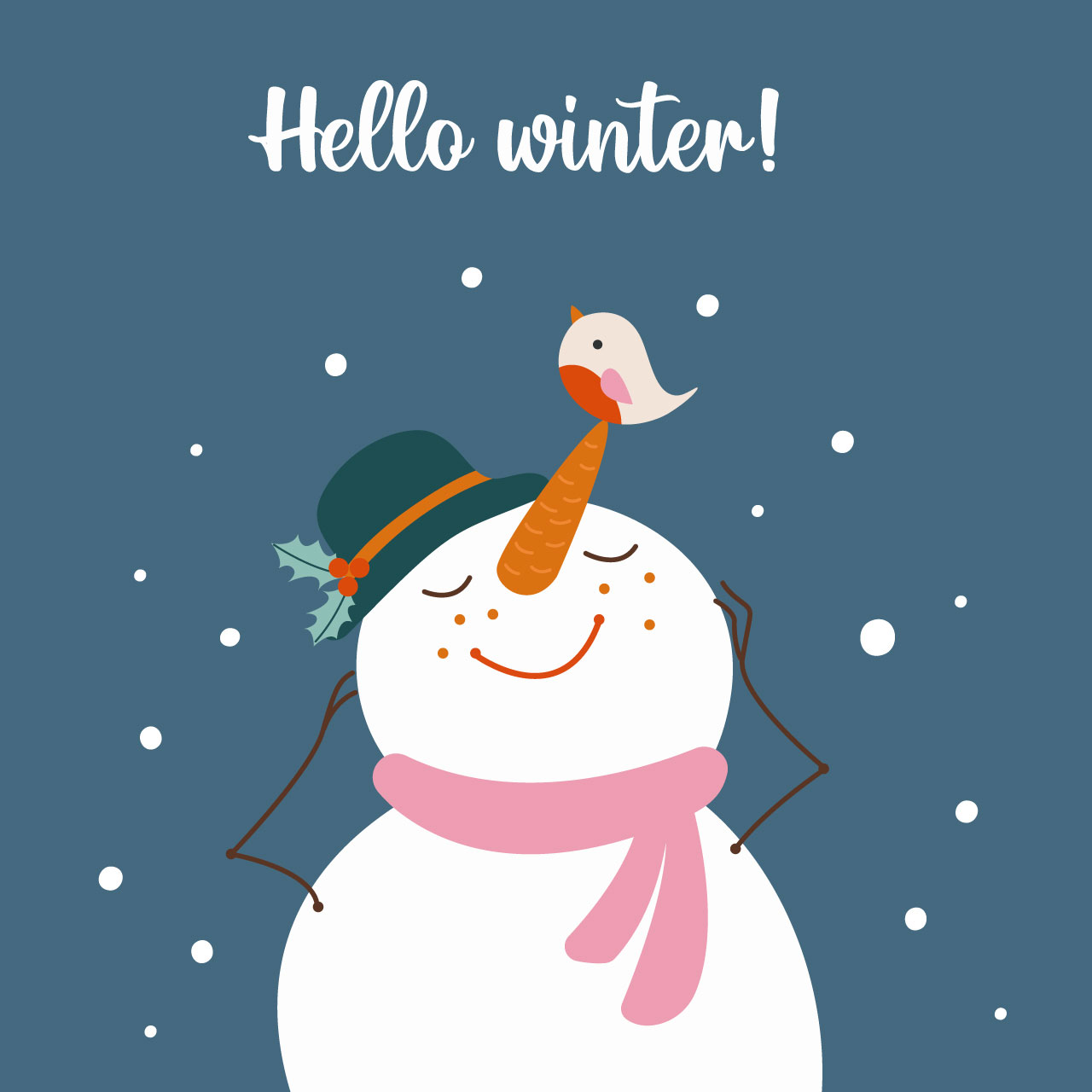 Cute snowman rejoices snowfall cartoon illustration image hand drawing sketch