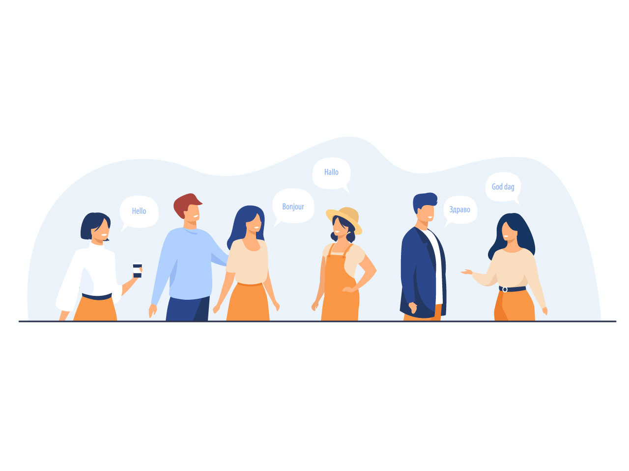 Happy international students speaking different languages cartoon illustration image