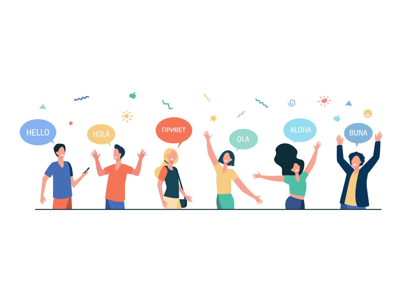 Happy young people saying hello different languages students with speech bubbles hands greeting gesture