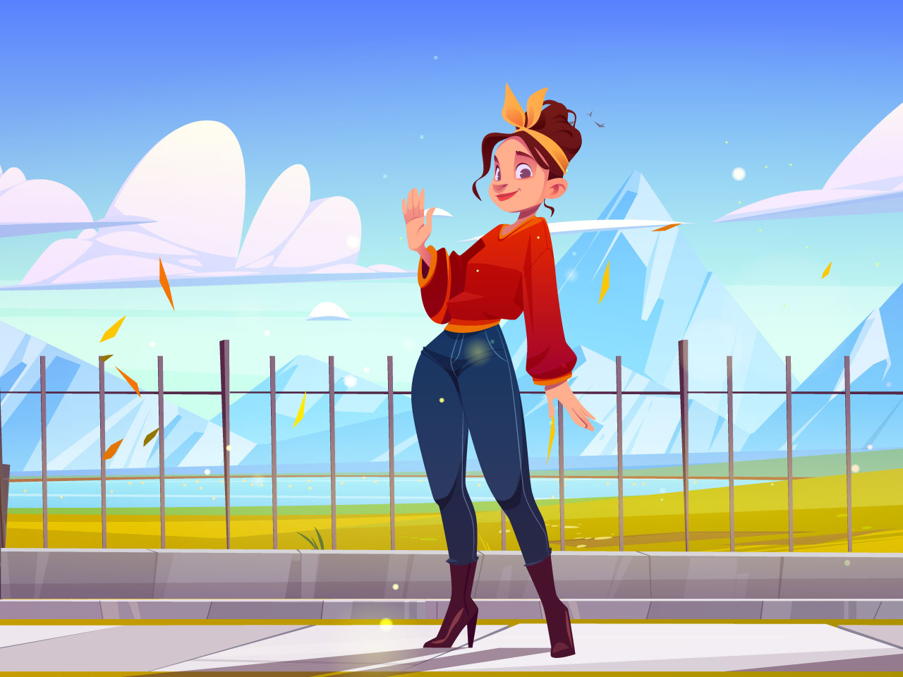 Hi clipart woman autumn city park waving hand street cartoon illustration image hand drawing sketch