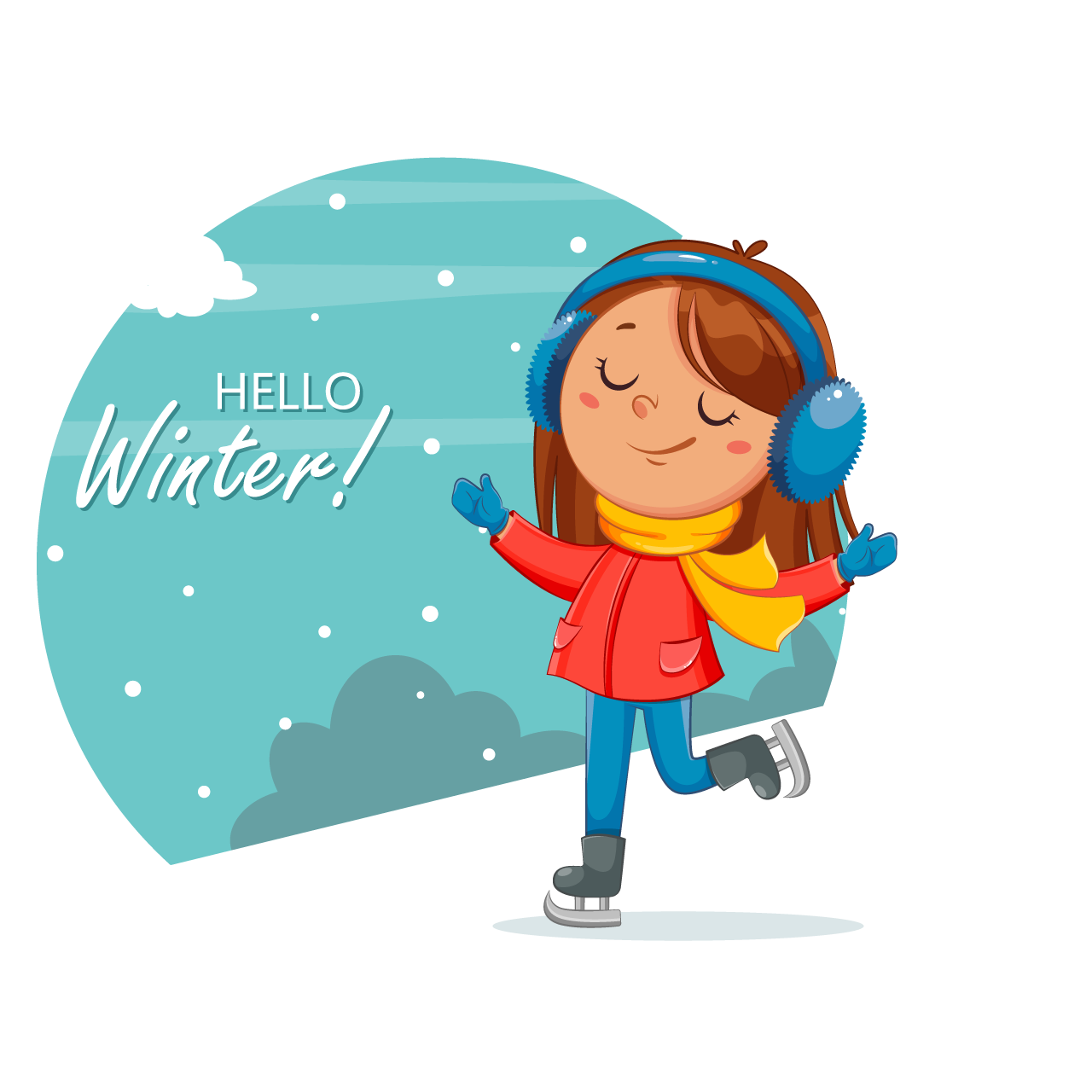 Kid skating cute skater girl cartoon character winter sport hello winter concept hand drawing sketch