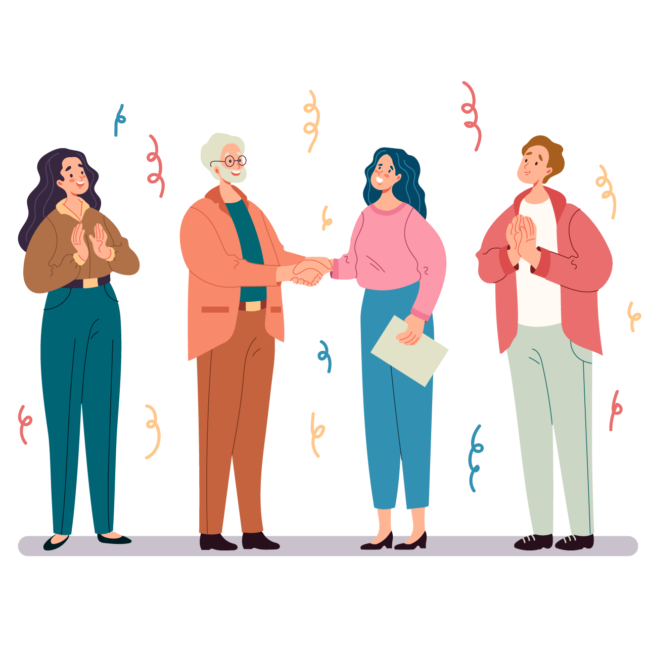 People man woman characters team congratulates winner cartoon illustration image transparent background