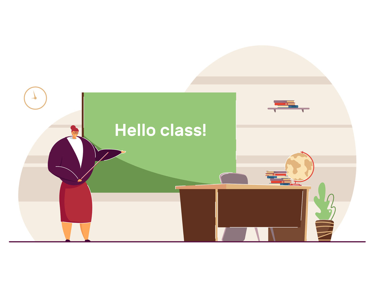 Teacher welcoming students back school flat illustration professors standing near blackboard with pointer